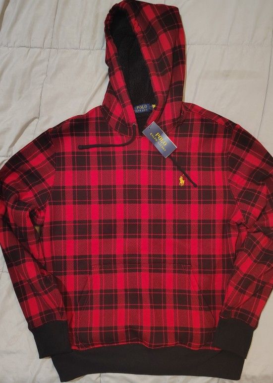Ralph Lauren Red and Black Plaid Pile Fleece Men's Hoodie Size Medium NWT