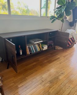 MCM media console with glass shelf