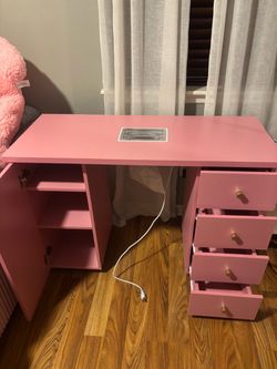Pink Nail Tech Manicure Table with Dust Collector + Nail Supplies