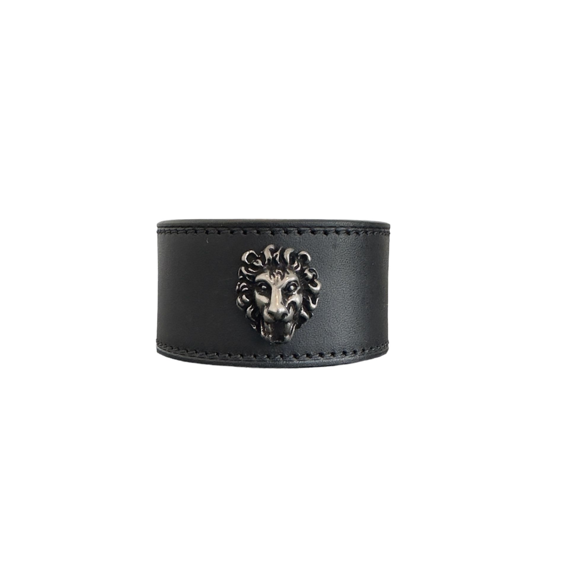 Gucci GG Lion Head Black Leather Bracelet