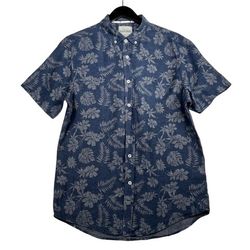Report Collection Mens Linen Leaf Print Blue Button Down Short Sleeve Shirt Size Large