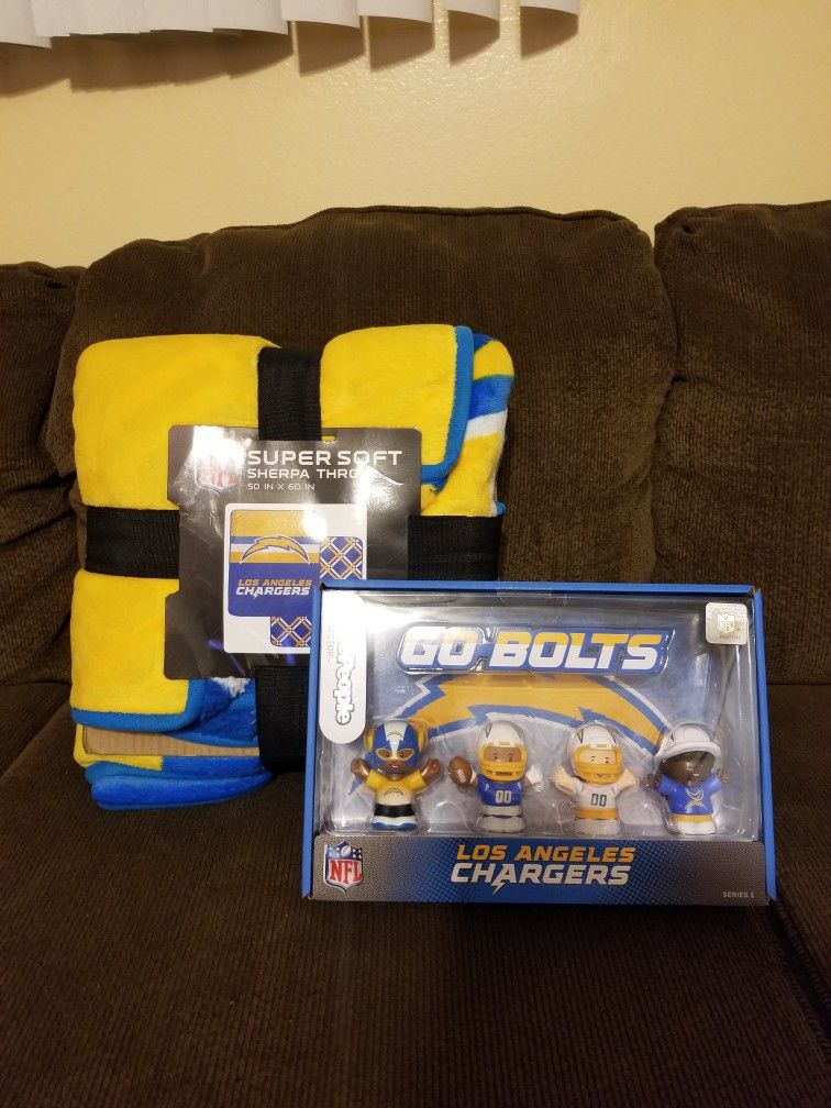 NFL Los Angeles Chargers Super Soft Sherpa Throw Blanket 50"×60" & Fisher Price Little People Collector NFL Los Angeles Chargers Figure 4-Pack