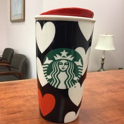 Starbucks 2015 Black White Red Hearts Travel Tumbler 