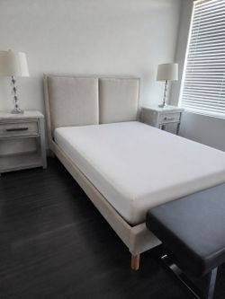 Queen Upholstered Bed Frame and Mattress (used once)