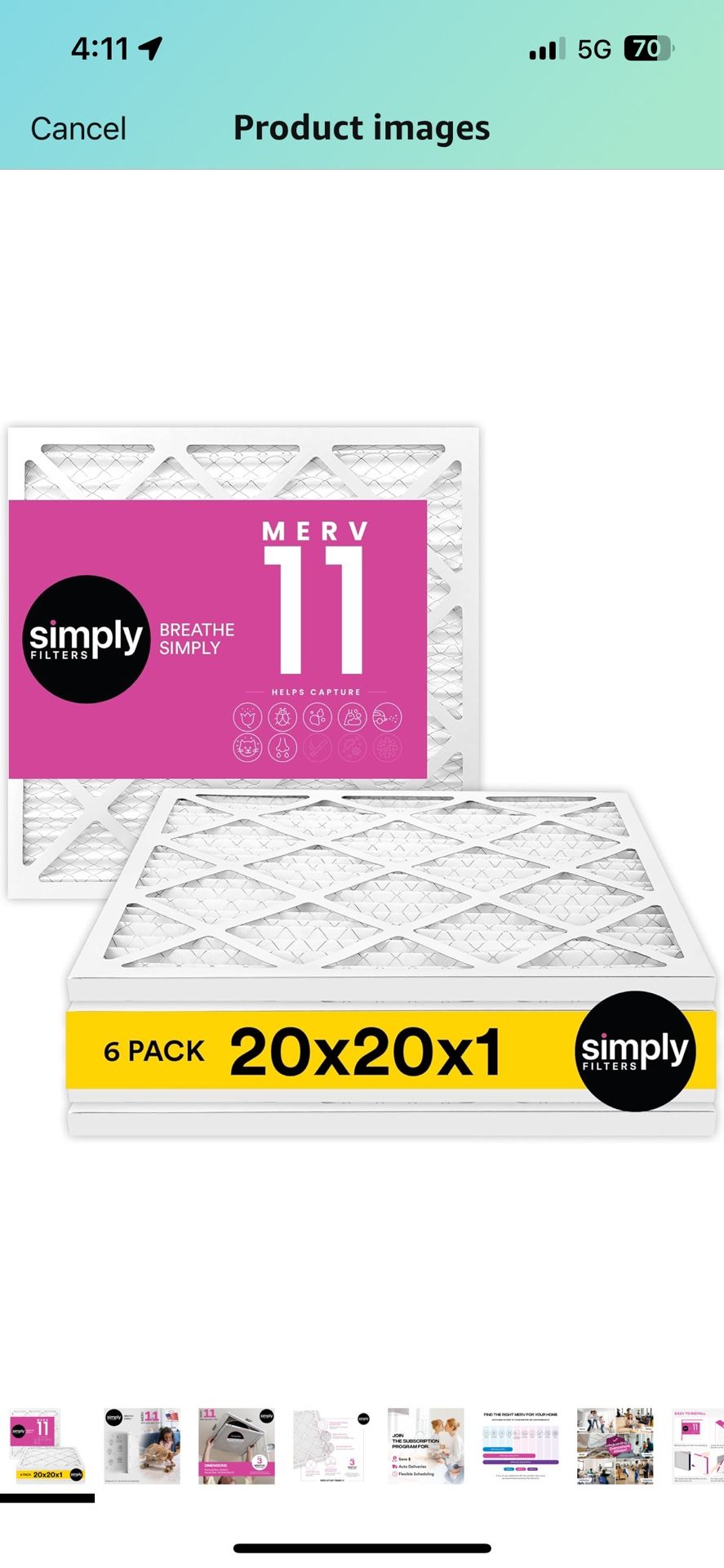 20x20x1 Air Filter, Merv 11, 5 Pack
