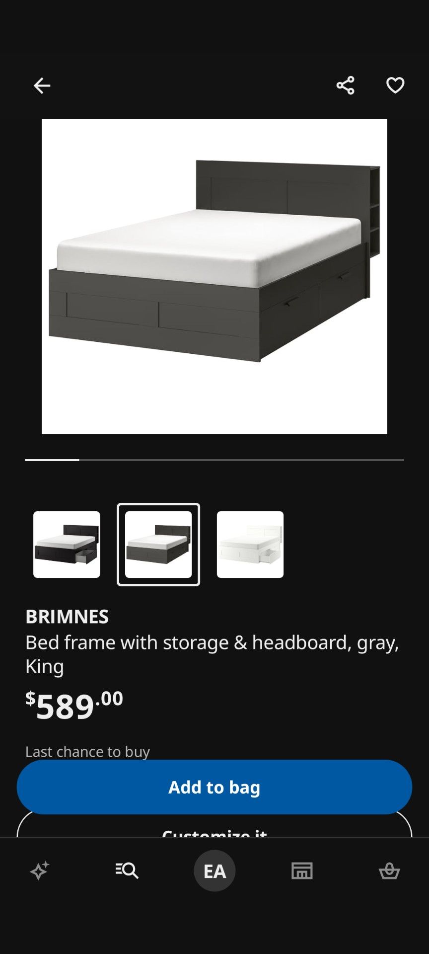 IKEA King ,Grey, Brimnes Bed with Headboard