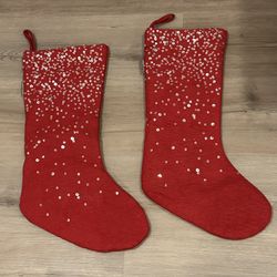 2 Red Christmas Stockings w/ Gold Sequins