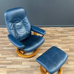 Ekornes Stressless Blue Leather Reclining Swivel Lounge Chair with Ottoman
