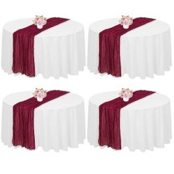 4 Set 90 Inch Round Tablecloth and 35x120 Inch Cheesecloth Table Runner, Gauze Table Runner and White Polyester Washable Table Cloth for Party, Weddin