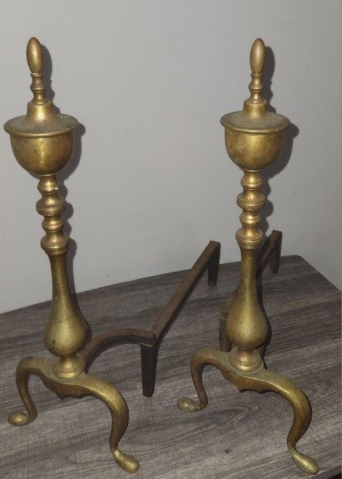 Vintage Set of Two 18 1/2" Tall Brass & Cast-Iron Fireplace Andirons
