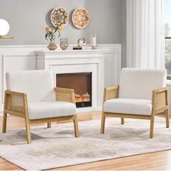 Boucle Fabric Accent Chair, Vintage Rattan Vanity Chair with Wood Armrest and Legs for Living Room Bedroom Makeup Room, Ivory, 2 pcs