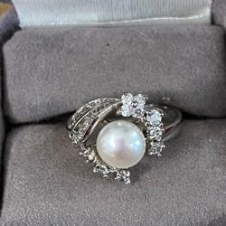 Anillo Stainless Size 7 Piedras Y Perla Joyería Antigua 