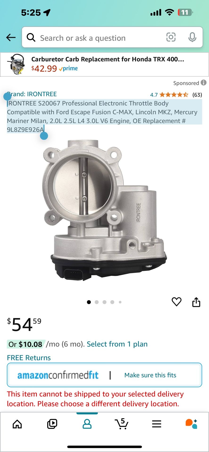 IRONTREE S20067 Professional Electronic Throttle Body Compatible with Ford Escape Fusion C-MAX, Lincoln MKZ, Mercury Mariner Milan, 2.0L 2.5L L4 3.0L