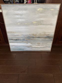 Large Framed Abstract Canvas Wall Art – Gray, White & Gold