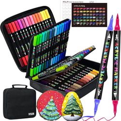 Acrylic Paint Pens, 60 Colors Dual Tip Paint Markers with Fine Tip and Brush Tip for Stone, Wood, Canvas, Calligraphy, Ceramic, Metal, Glass, Rock Pai