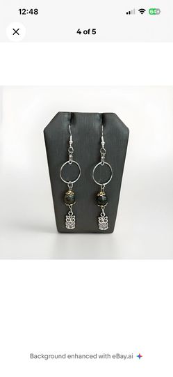 Handmade Owl Dangle Earrings Silver Hoop African Turquoise Bead Gothic Whimsical