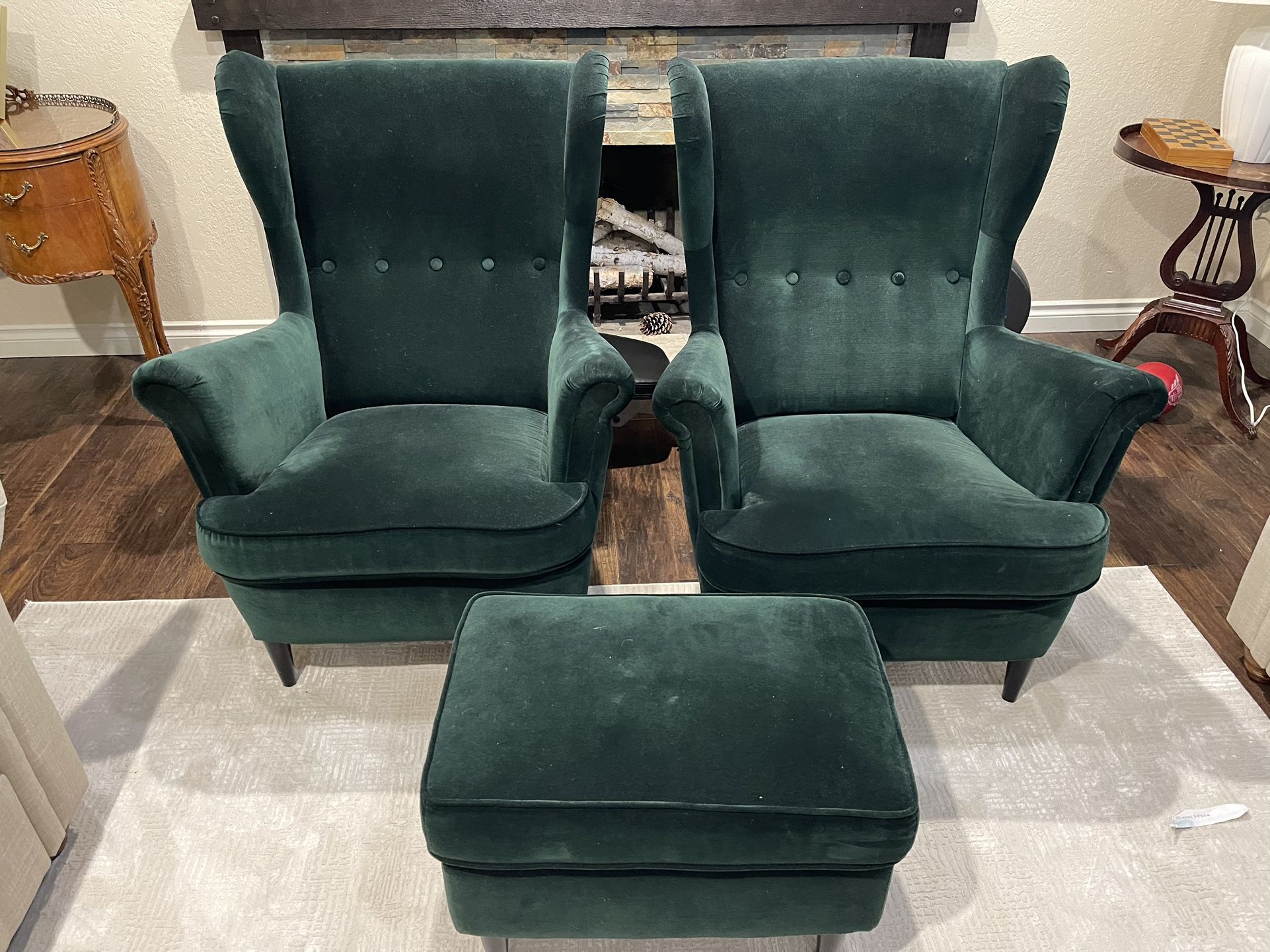 Set of the 2 IKEA Strandmon Arm Chairs Velvet Green + 1 Ottoman