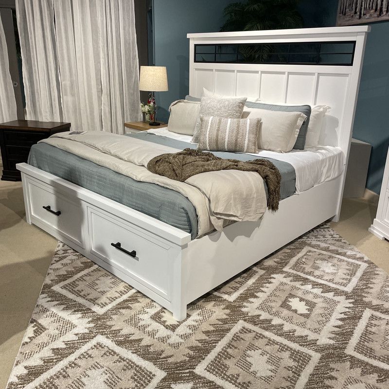 White/Natural Queen Panel Storage Bedroom Set / 5pc incl. Dresser+Mirror+Chest+Nightstand