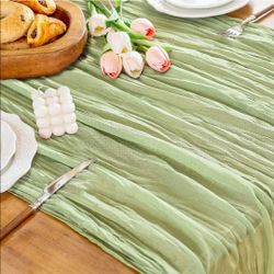 Cheesecloth Table Runner, 10 Ft Boho Rustic Gauze Table Runner Sheer Wrinkled for Centerpiece Decor, Sage Green, 1 Pcs