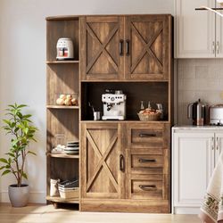 New Pantry Cabinets with Microwave Shelf Coffee Bar Counter Top 4 Corner Shelves 3 Doors 2 Drawers 60.4" Kitchen Pantry Storage Cabinet Buffet Sideboa