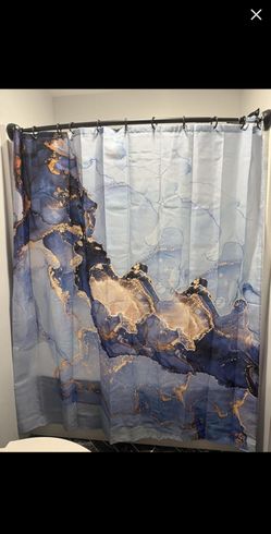 Modern Blue Marble Shower curtain with white hooks