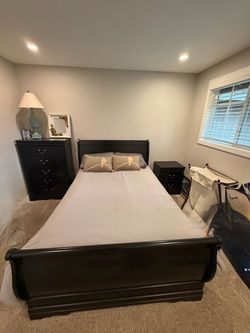Black Wood Sleigh Bed Frame, mattress,nightstand and dresser