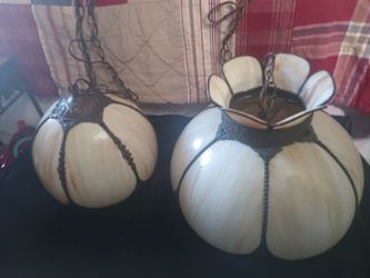Stunning Pair of Vintage Slag Glass Pendant Lamps – 16" & 12" Matching Set