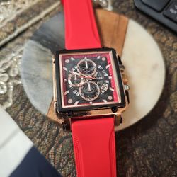 BRAND NEW MEN'S DRESS WATCH WITH RED BAND,WATER PROOF AND DATE