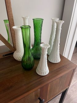 Vintage Green Glass & Milk Glass Vases