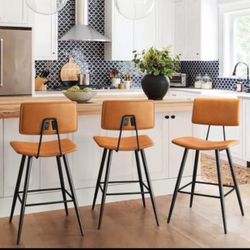 Bar Stools Set of 3, 24.5" Counter Height Bar Stools, Whiskey Brown Faux Leather Upholstered Barstoo