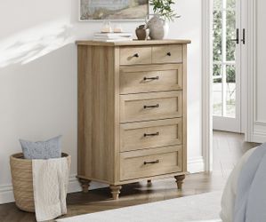  Small Bedroom Dresser with 5 Drawers and Solid Wood Legs, Mid-Century Modern Dresser, Storage Organizer, Farmhouse Dresser for Kids' Bedroom, Oak 