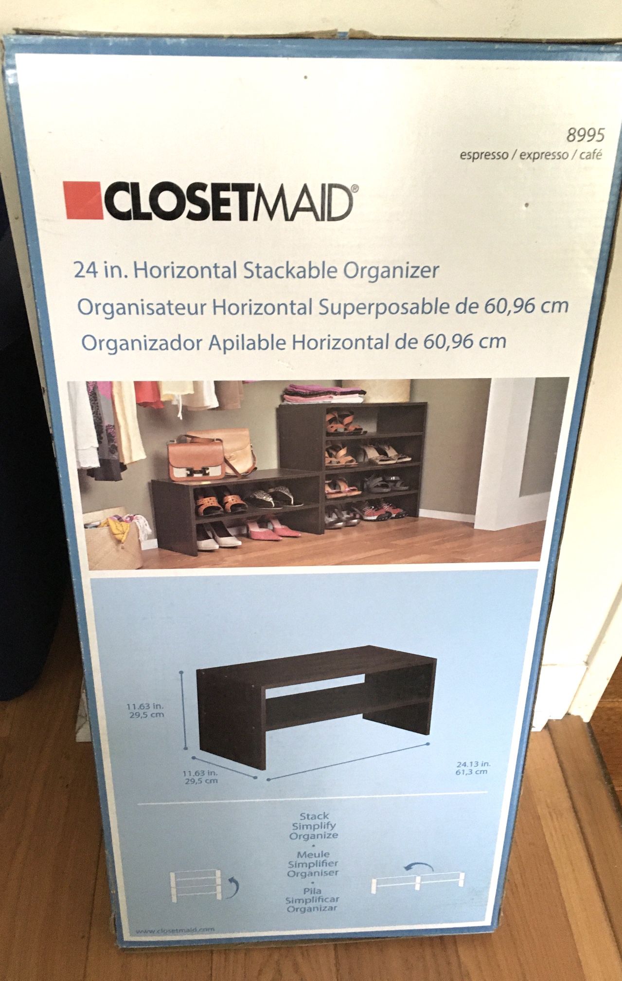 New In Box Closet Maid 24” Horizontal Stackable Shoe Organizer Espresso Finish