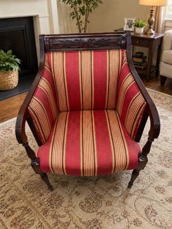 Regency Style Carved Wood Upholstered Armchair