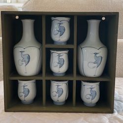 Vintage Arita Ko-Imari Japanese Crane/Stork Sake Decanter and Cup Set.