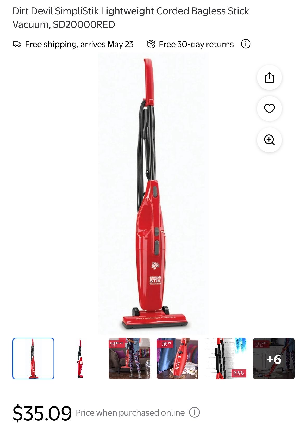 Dirt Devil SimpliStik Lightweight Corded Bagless Stick Vacuum, SD20000RED