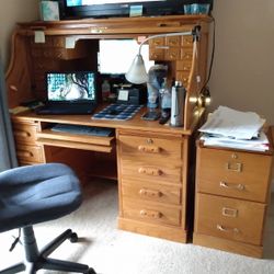 Oak Roll Top Computer Desk 