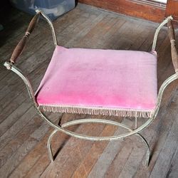 Hollywood Regency Gold Brass Pink Velvet Vanity Bench Seat MCM Rare