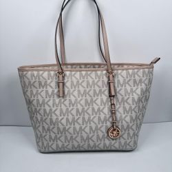 Michael Kors Jet Set Off White Monogram-Print Coated Canvas/Leather Travel Tote