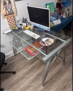 Glass Top Desk with Silver Metal Frame with computer chair
