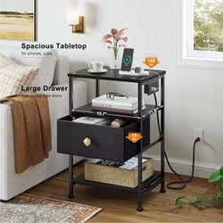 Nightstand with Charging Station,Adjustable Leather Fabric Drawer,3-Tier Storage Open Shelf- Black