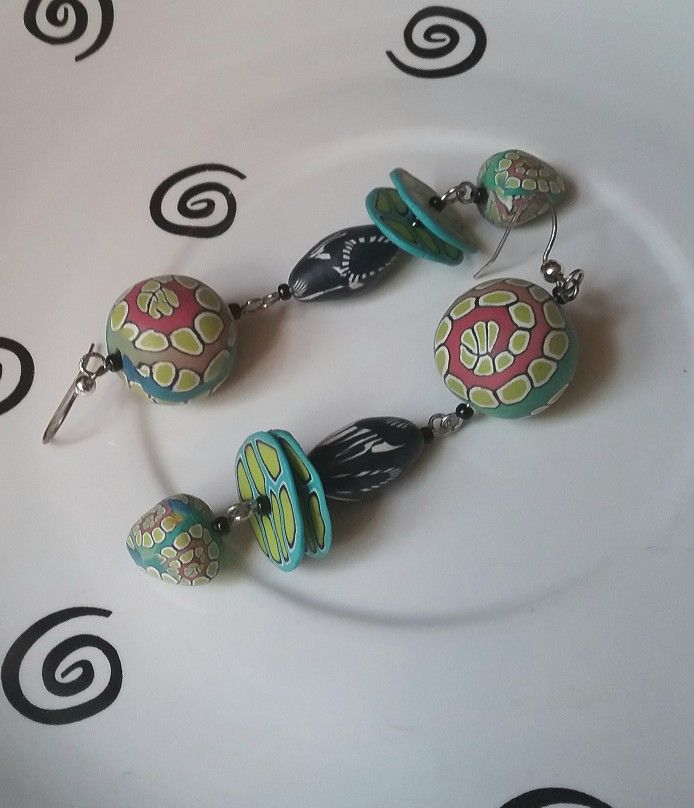 Hand Crafted Polymer Clay Statement Earrings. Spirals And Disks. Surgical Stainless Steel French Hooks. One Of A Kind . By RozzArtDesigns.