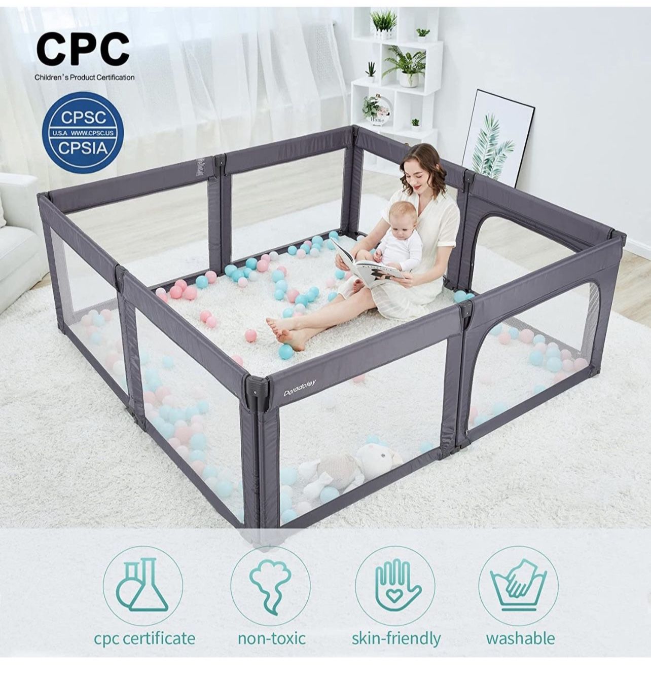 Baby Playpen, Shape & Size Adjustable, Large-Measures- 79×71x27 Inches, (Deep Grey), New-Open box