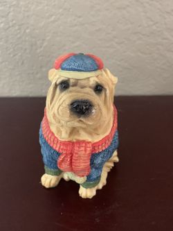 Sharpei Resin Dog Figurine Wearing Hat Sweater and Scarf Realistic Eyes 4" Tall