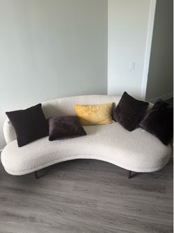 Curved Boucle Sofa with Walnut Legs
