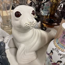 Vintage LARGE Mid Century Modern Italian Ceramic Seal Sculpture Statue 