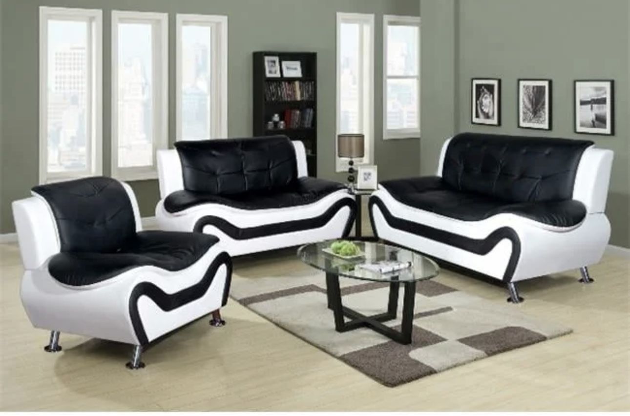 Modern Style Black And White Leather Three Piece Couch Set
