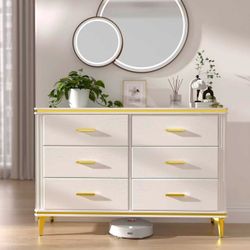 47“ White Dresser with 6 Drawer, Modern Dresser, Easy to Match Design,White and Gold