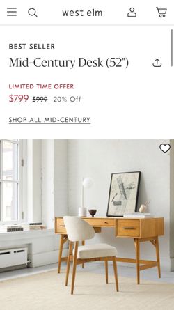 Reduced Price! West Elm Mid Century Desk Excellent Condition