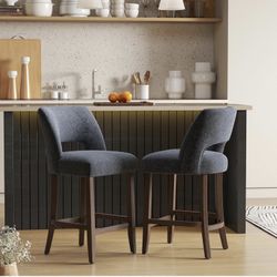 VKNOW two bar stools, upholstered counter height, modern stools with wooden legs for kitchen, dining island, bar, navy blue