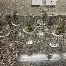 5 Spode Christmas White Wine glasses